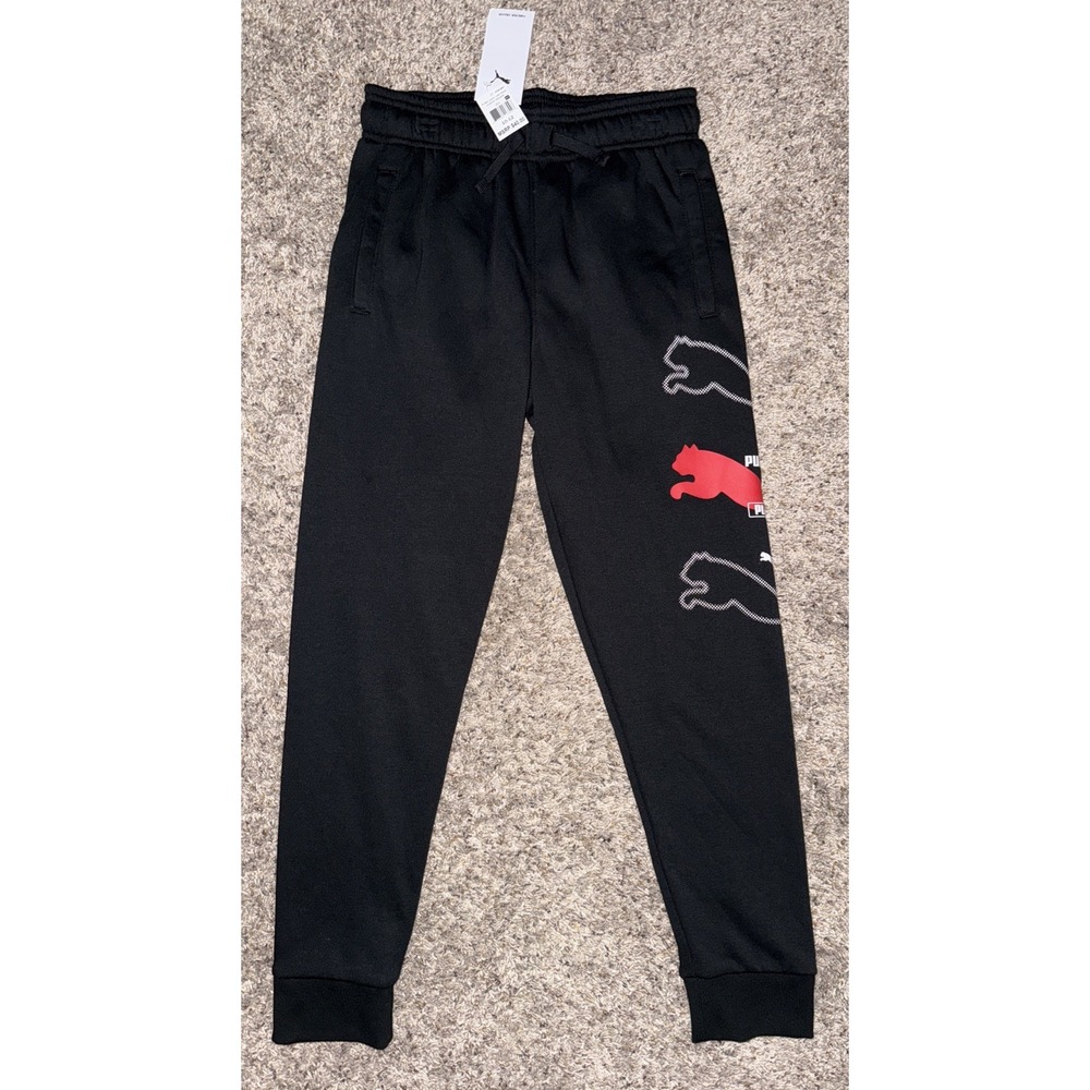 Puma Elastic Waist Ribbed Bottom Sweatpants Unisex Boy M 10-12 Black Logo